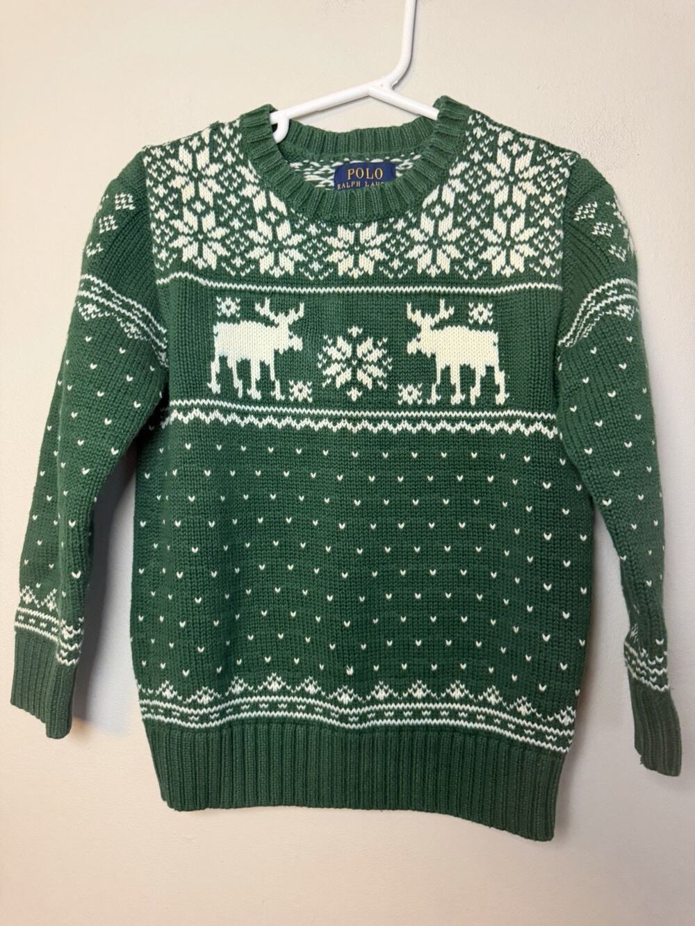 POLO Ralph Lauren Boys Fair Isle Reindeer Winter Sweater Green Crew Neck Sz 5